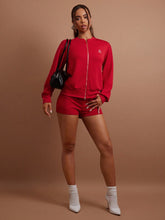 COSMINA 2pcs Set Women Cherry Print Zipper Stand Collar Sweatshirt And Shorts, Casual Autumn Outfit